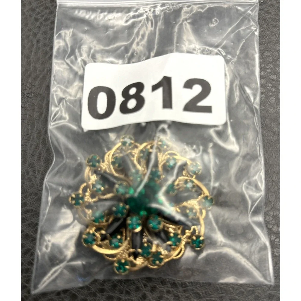 Vintage Faux Emerald Green Black Rhinestone Filigree Flower Dome Brooch